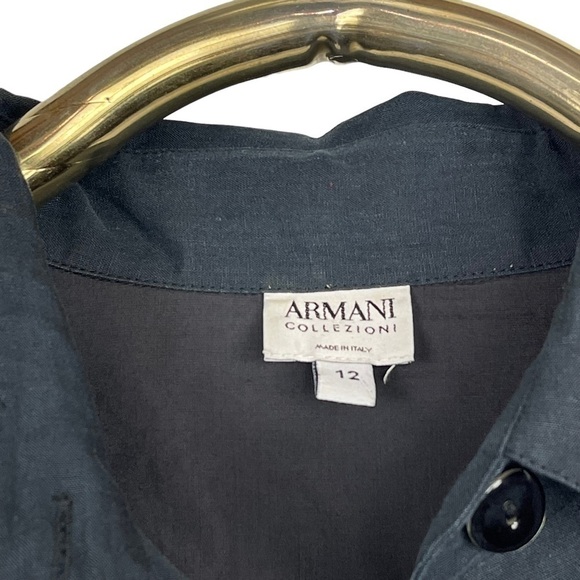 ARMANI COLLEZIONI LINEN BUTTON DOWN BELTED SAFARI STYLE BLACK SHIRT DRESS - Picture 13 of 15